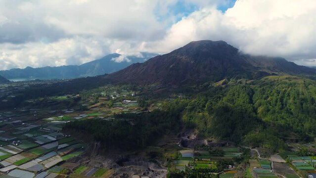 Aerial drone view of Pinggan village, a place to catch the best sunrise in Kintamani, Bali, Indonesia