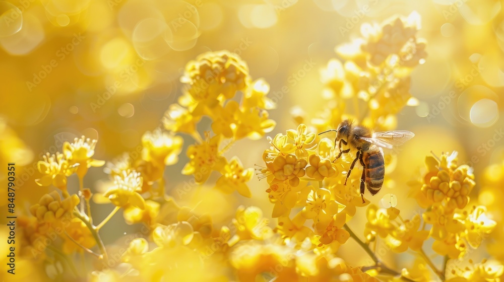 Canvas Prints Close up macro photograph of yellow blooms in Magonia featuring a bee on a background of small yellow flowers