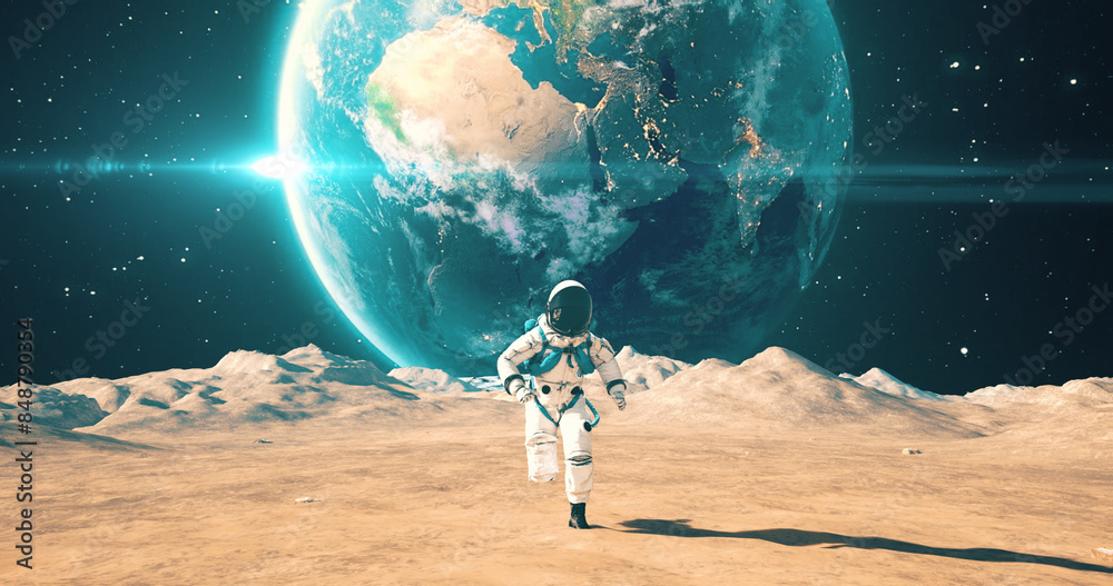 Wall mural brave young male astronaut in space suit confidently running on mars. planet earth is visible in sky