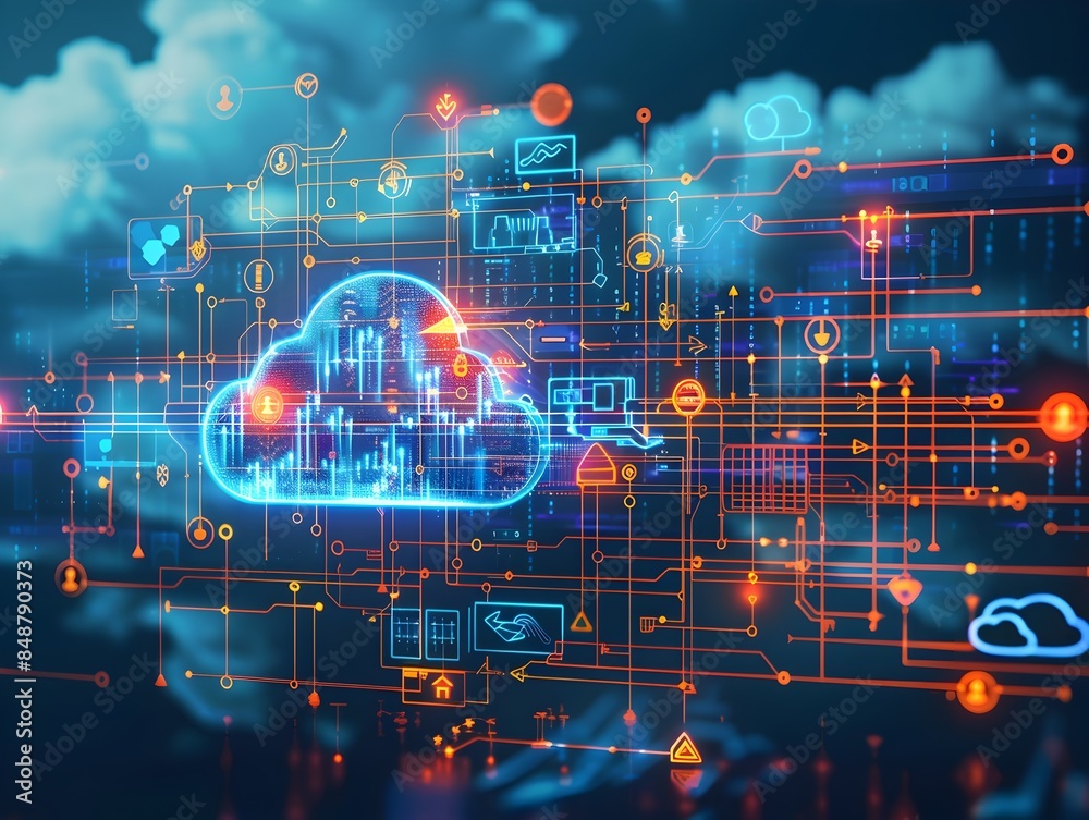 Poster cloud computing services with icons and arrows depicting concepts