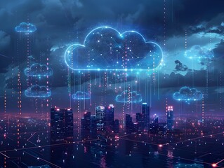 Obraz premium Futuristic City Landscape with Seamless Cloud Connectivity and Digital Infrastructure