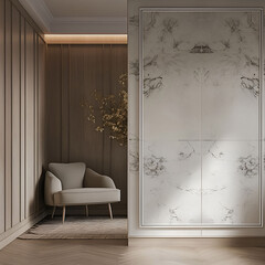 Modern luxury minimalist interior design. Aesthetic modern elegant living room design. Copy space mock up. Clean walls for decoration in the apartment. Neutral palette of natural colors.