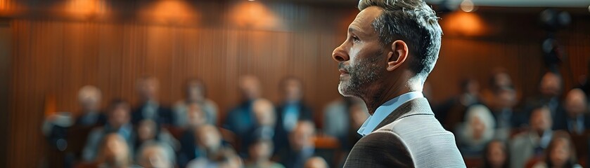 Businessman Addressing Audience During Press Conference in Corporate Setting