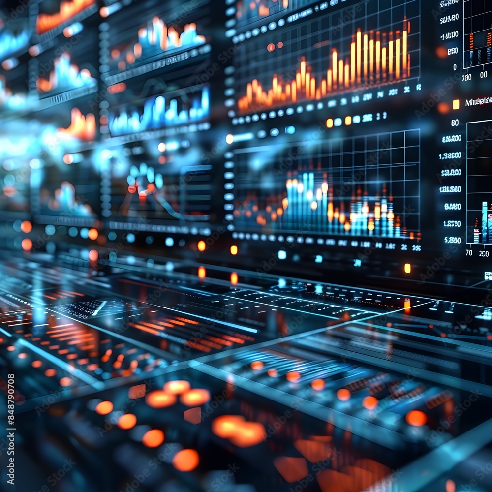 Poster digital data streaming across a network with business graphs and charts on multiple screens