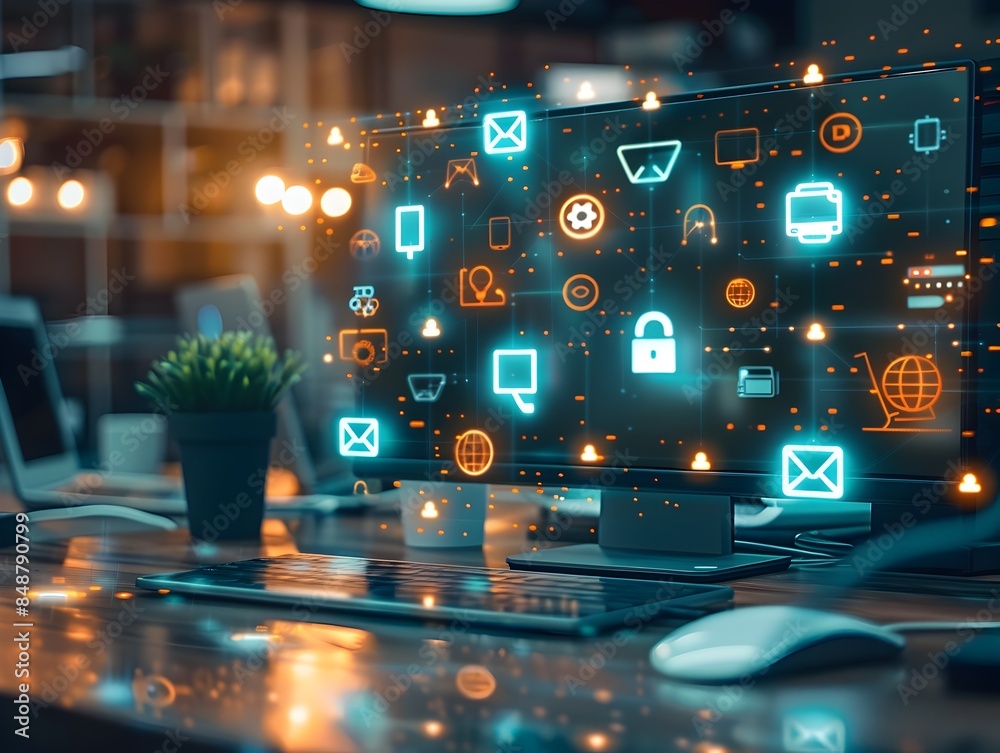 Poster digital communication icons floating above a modern office symbolizing a connected work environment 