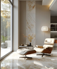 Modern luxury minimalist interior design. Aesthetic modern elegant living room design. Copy space mock up. Clean walls for decoration in the apartment. Neutral palette of natural colors.