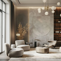 Modern luxury minimalist interior design. Aesthetic modern elegant living room design. Copy space mock up. Clean walls for decoration in the apartment. Neutral palette of natural colors.