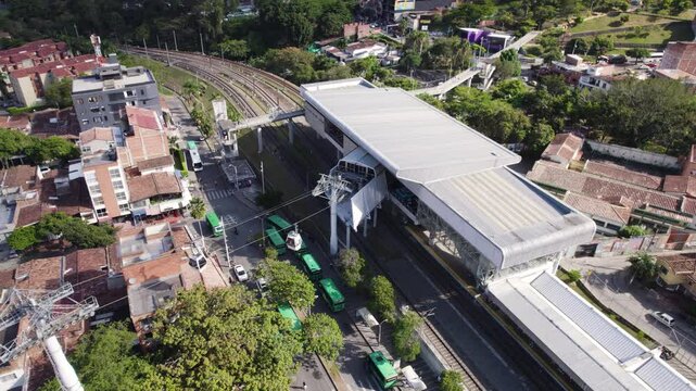 Aerial Drone Above Medellin Comuna 13 Cable Car Station, Colombia