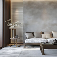 Modern luxury minimalist interior design. Aesthetic modern elegant living room design. Copy space mock up. Clean walls for decoration in the apartment. Neutral palette of natural colors.