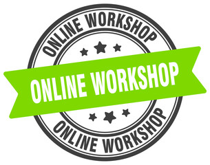 online workshop stamp. online workshop label on transparent background. round sign