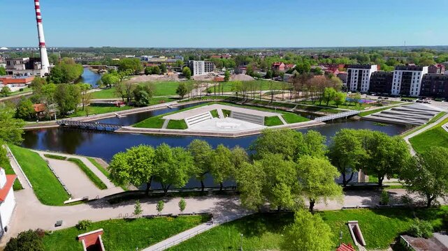 Drone shot of Jonas Hill island park in Klaipeda city center