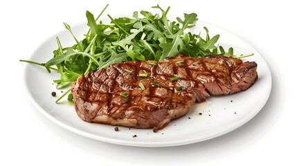 Roast picanha or top sirloin beef meat steak on a plate with arugula salad Isolated on white background : Generative AI