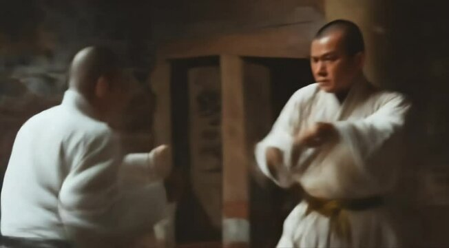 Intense Kung Fu Sparring in Traditional Dojo

