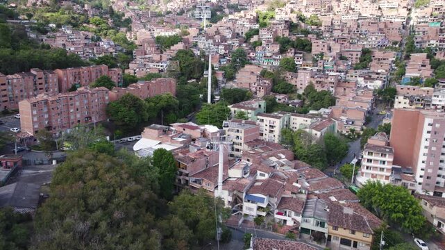 Aerial Drone Flyover Medellin Comuna 13 Cable Car, Colombia
