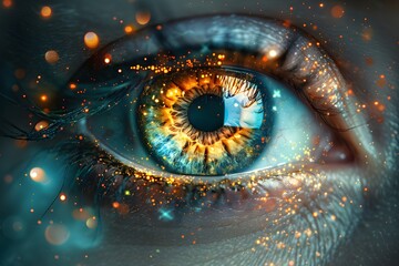 Close-Up of Reflective Human Eye with Digital Sparks - Concept for Vision, Technology, and Imagination