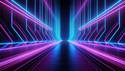 Fototapeta premium Glowing neon lines in blue and purple on a dark 3D abstract background