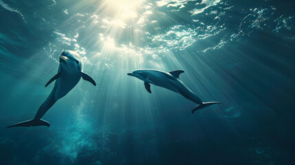 Obraz premium Underwater Dolphins Sunlight Ocean Depths Marine Life Aquatic Graceful Swimming Serene Nature Conservation