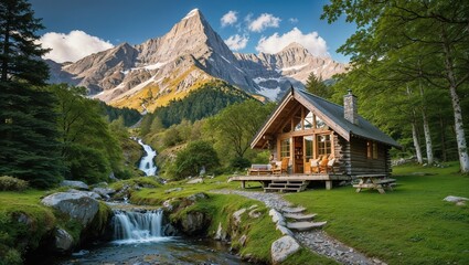 Fototapeta premium mountain hut in the forest with waterfall and peak in background