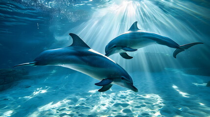 Fototapeta premium Underwater Dolphins Sunlight Rays Ocean Depths Aquatic Life Marine Ecosystem Serene Waters Wildlife Interaction