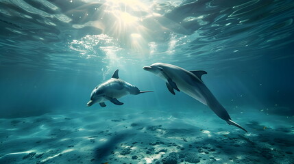 Naklejka premium Underwater Dolphins Sunlight Ocean Depths Marine Life Serene Aquatic Ecosystem