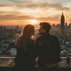 Romantic Couple Sharing a Quiet Moment on Rooftop with City Skyline