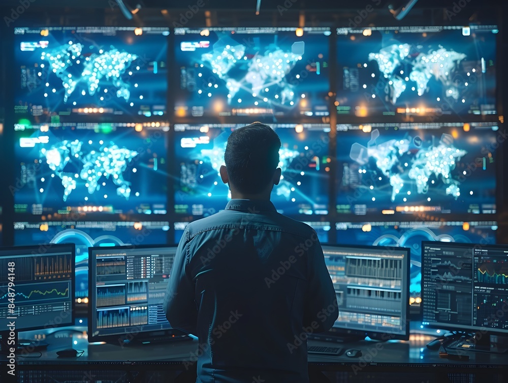 Poster high tech control room monitoring cloud computing and data analysis on multiple screens