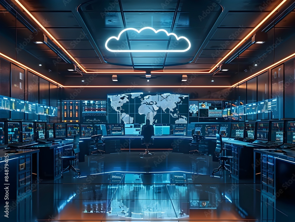 Poster futuristic high tech control room monitoring cloud computing and data analytics
