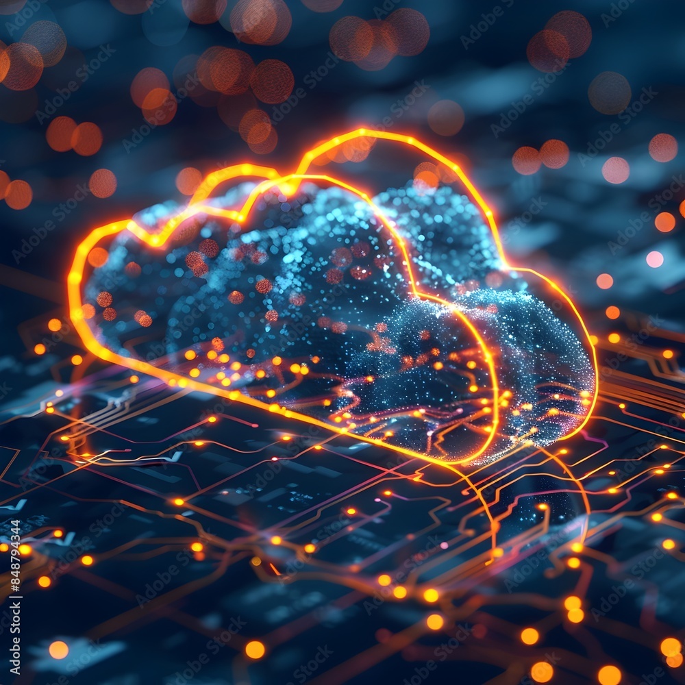 Poster glowing digital twin technology powered by cloud computing with real time data and simulations