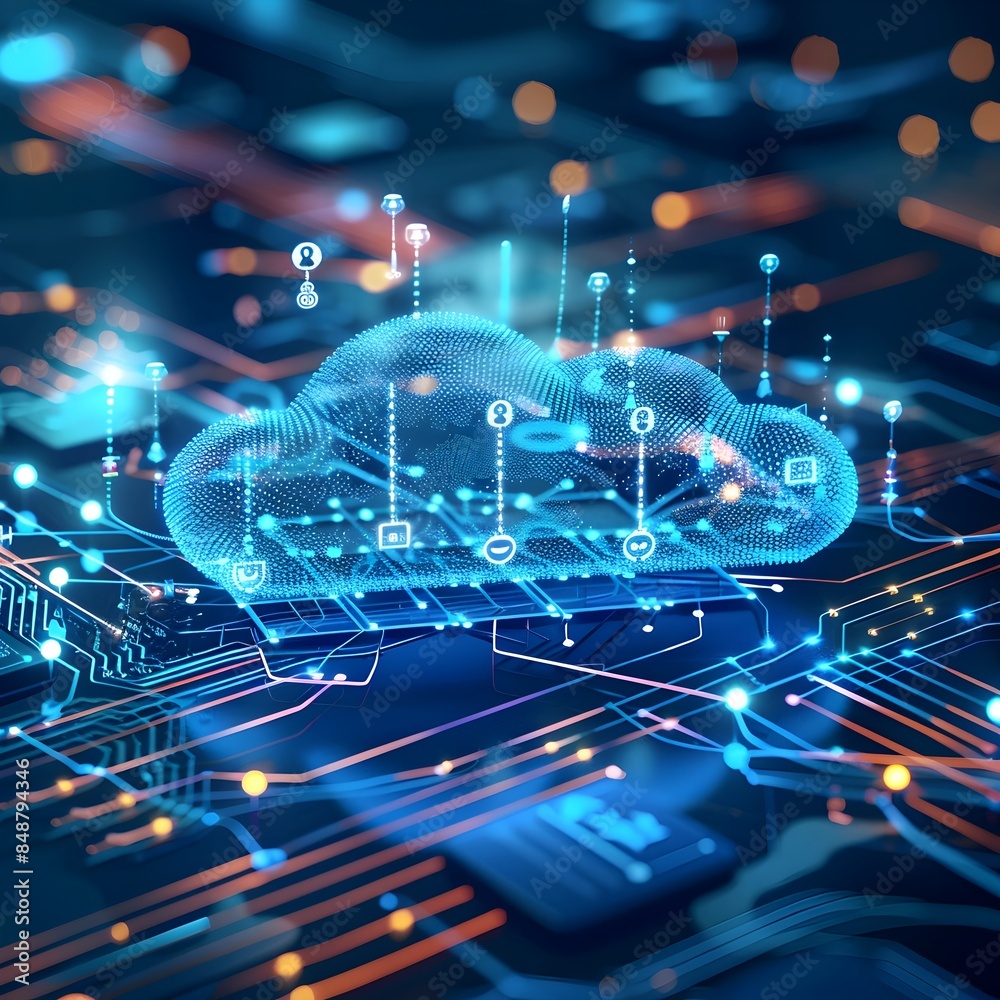 Poster digital twin technology powered by cloud computing showcasing real time data and simulations for fut