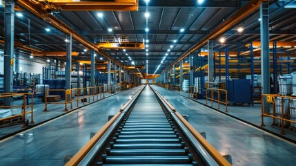 Obraz premium A modern smart factory interior with an empty conveyor belt system. Efficient Production Line. Industrial Automation Concept.