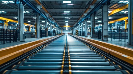 Fototapeta premium A modern smart factory interior with an empty conveyor belt system. Efficient Production Line. Industrial Automation Concept.