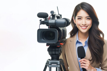 Naklejka premium reporter journalist in front of camera making breaking news reportage Isolated