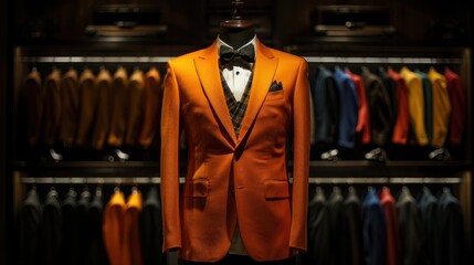Naklejka premium An orange suit and tuxedo are shown on a mannequin with a black background isolated.