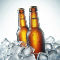 cold beer bottle on ice cubes, transparent plastic bottle with condensation droplets and cap Isolated