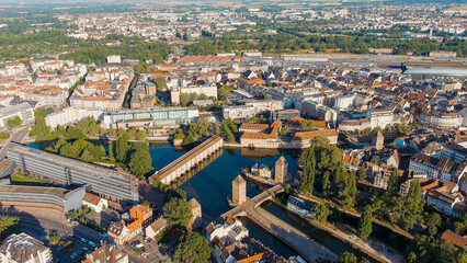 Strasbourg, France. Petite France quarter. Summer morning, Aerial View