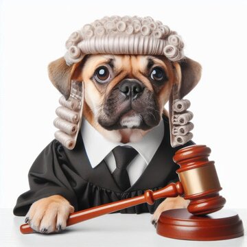 funny dog with judge wig and gavel Isolated on white background