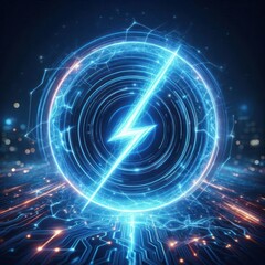 Fototapeta premium Neon blue energy lightning circle on dark blurred background