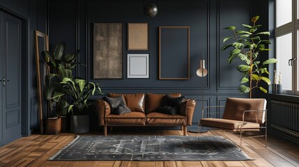 Modern Living Room with Dark Blue Walls, Sofa, Armchair, and Framed Pictures. Minimalistic Interior Design Featuring Wooden Floor , Emphasizing Scandinavian Home Decor.
