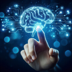 ai learning concept, hand push brain glowing icon