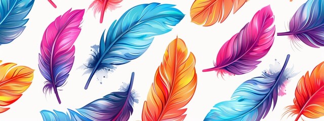 Obraz premium Seamless pattern featuring colorful feathers of exotic birds.