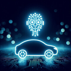 car ai technology model glowing AI robot head icon