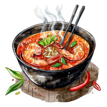 recommend clip art: Watercolor clipart A steaming bowl of Tom Yum Goong, brimming with plump shrimp