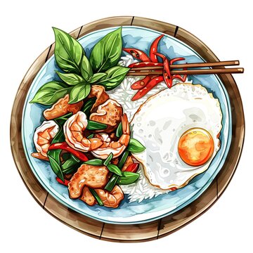 Watercolor clipart A traditional plate of moo pad krapow, stir-fried pork with basil and chili, served with jasmine rice and a fried egg, brimming with plump shrimp, aromatic lemongrass