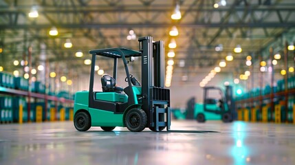 Modern teal forklift in a well-lit warehouse setting. Industrial equipment ready for lifting and transporting goods efficiently.