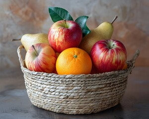 Basket of Assorted Fresh Fruits on Rustic Wooden Table Focus on Seasonal Produce Concept