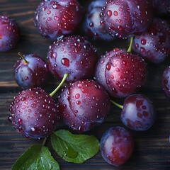 Close up of Fresh Plums with Water Droplets on Wooden Table Ripe Fruit Concept