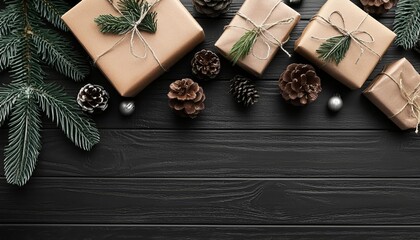 Fototapeta premium Holiday Decor, Gifts and Pine Cones on Black Wooden