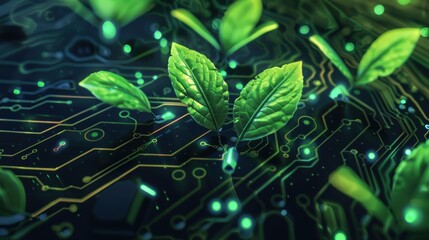 Fototapeta premium Eco-friendly technology with glowing plants on a circuit board, representing sustainable digital ecology, green business practices, futuristic concept