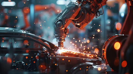 Robot arms welding cars in a car factory.