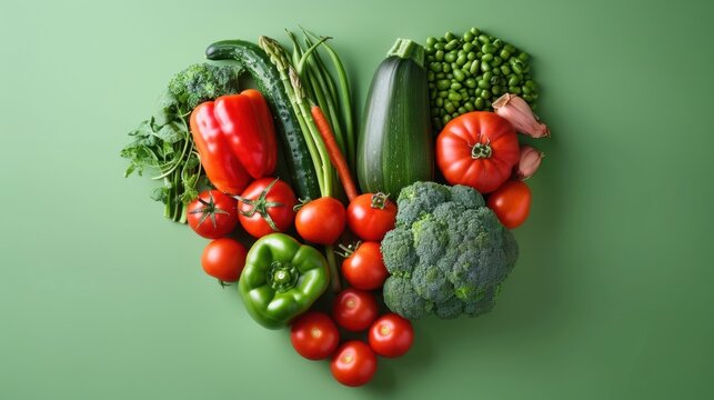 Fresh vegetable heart on a green background, vibrant and healthy, ideal for promoting vegan diet and nutrition